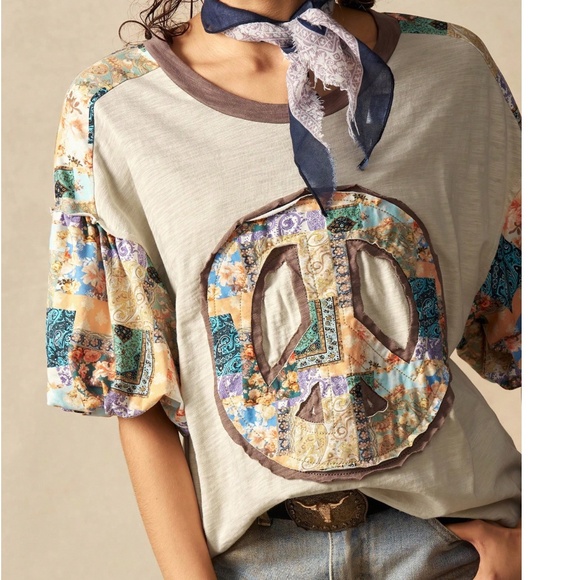 Boho Floral Print Peace Patchwork Color Block Puff Sleeve Top - Picture 4 of 5